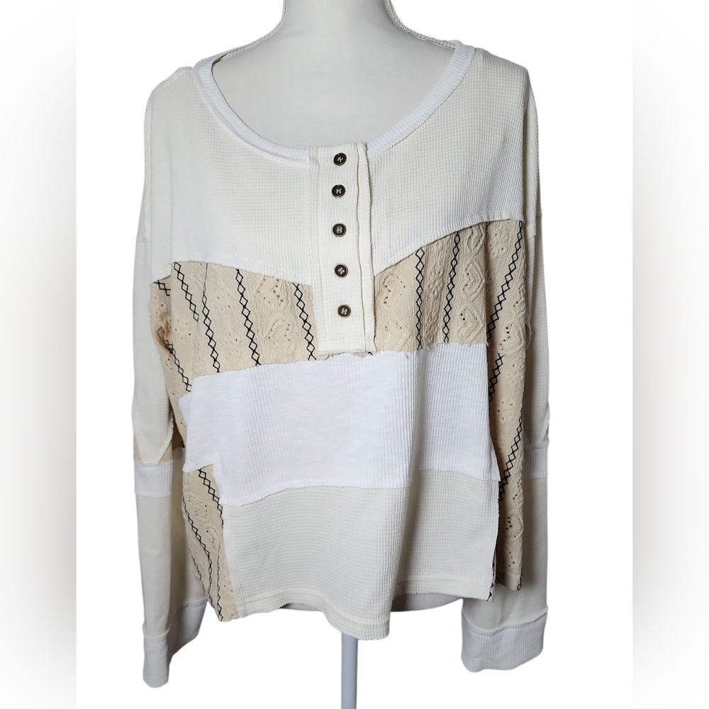 POL Pieced Crochet Henley Waffle Shirt Size Large